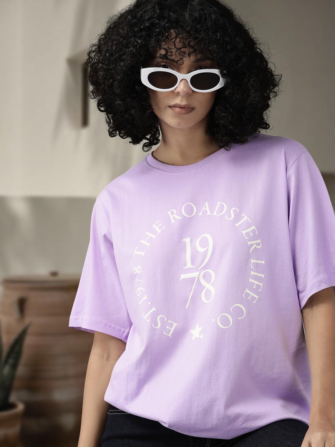 Roadster Women Typography Printed Drop-Shoulder Sleeves Pure Cotton T-shirt, Lavender