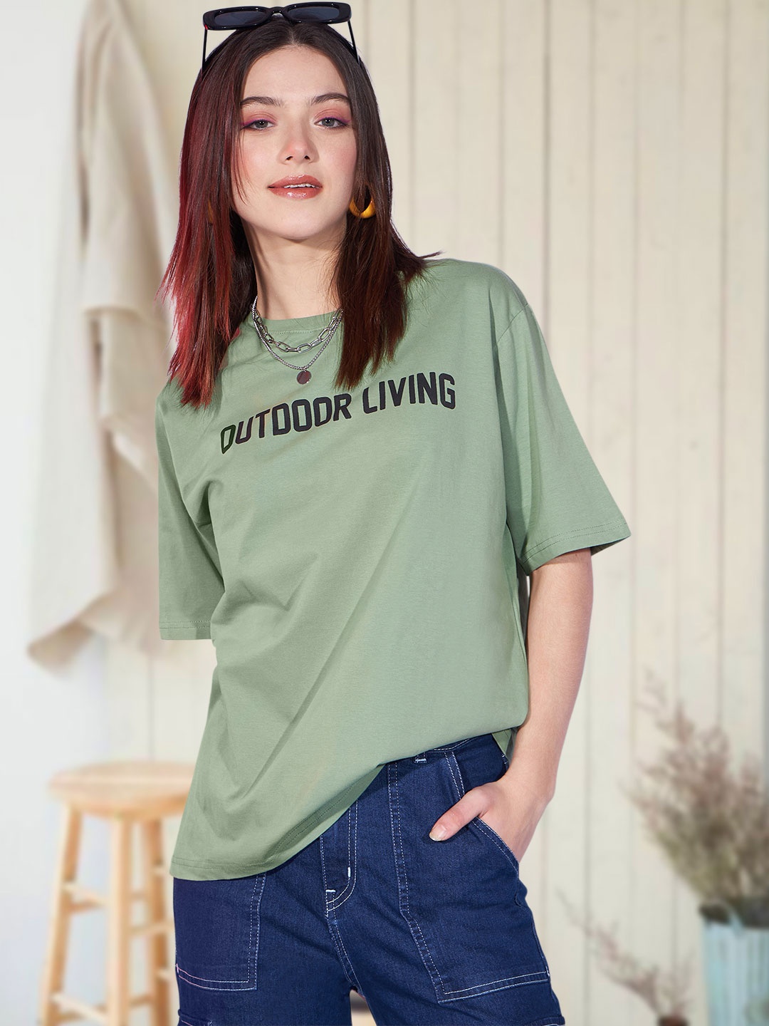 

Roadster Women Typography Printed Drop-Shoulder Sleeves Pure Cotton T-shirt, Green