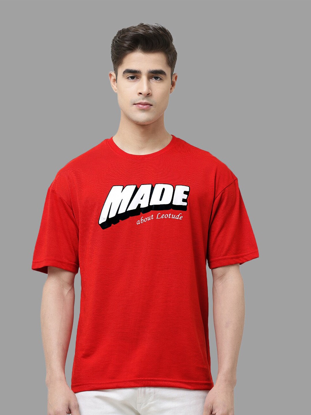 

Leotude Typography Printed Oversized Cotton T-Shirt, Red