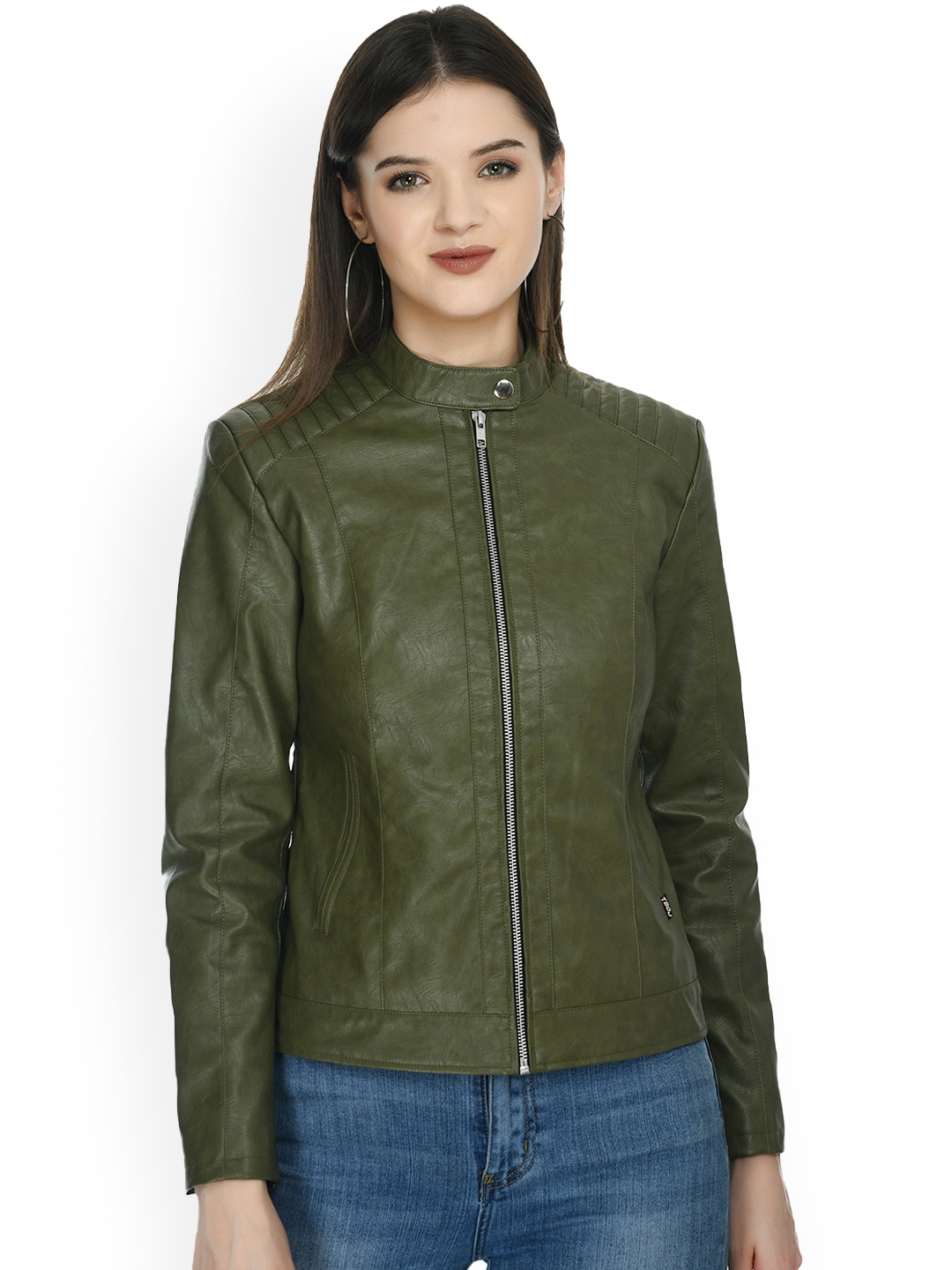 

TBOJ Mandarin Collar Leather Lightweight Biker Jacket, Green