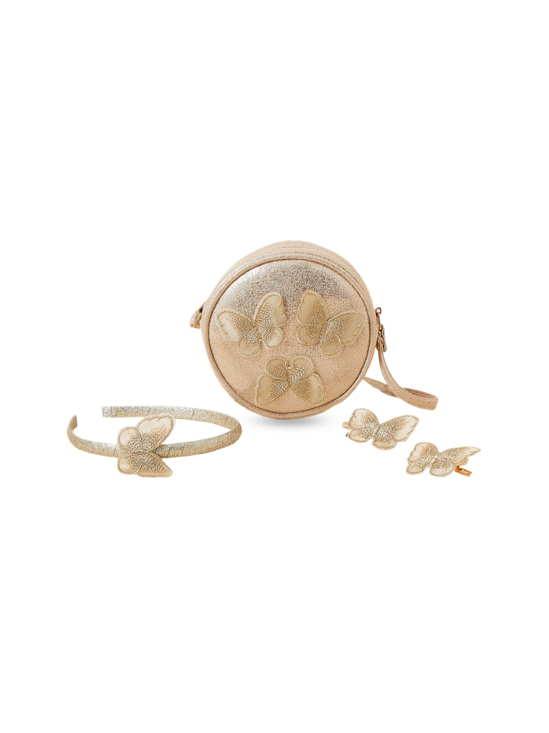 

Accessorize Girls Embellished Butterfly Structured Sling Bag With Hair Set, Gold