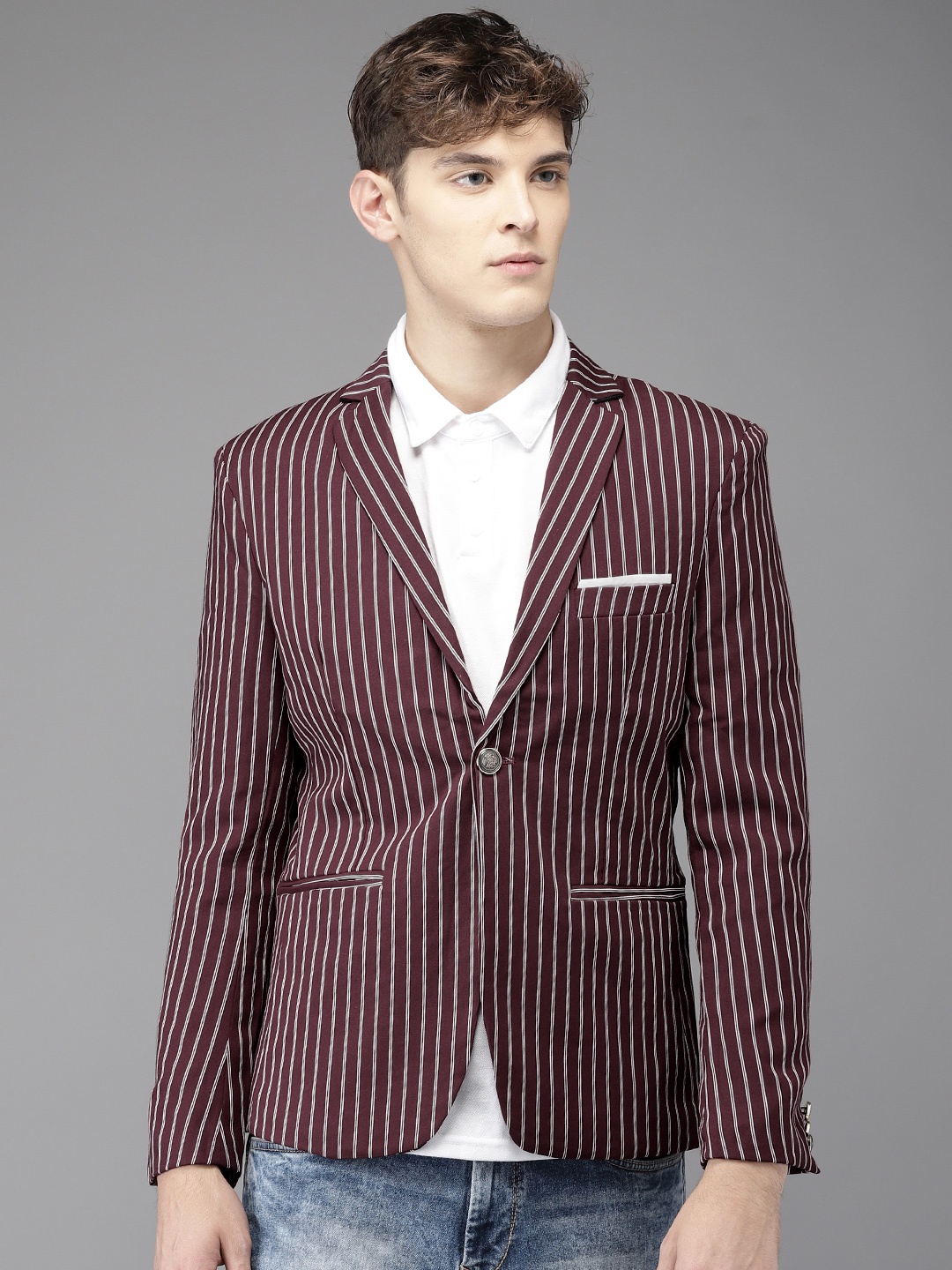 

The Indian Garage Co Maroon Striped Slim Fit Casual Blazer