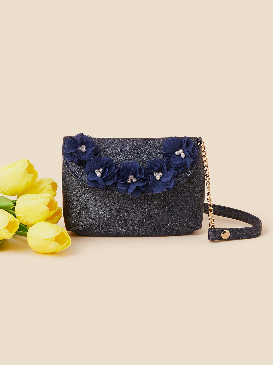 

Accessorize Girls Textured Structured Sling Bag With Embellished Detail, Navy blue