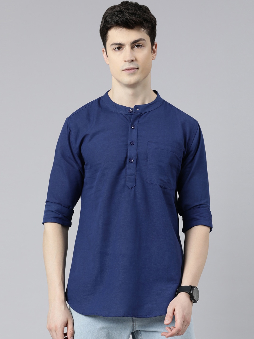 

Kryptic Mandarin Collar Cotton Straight Kurta, Blue