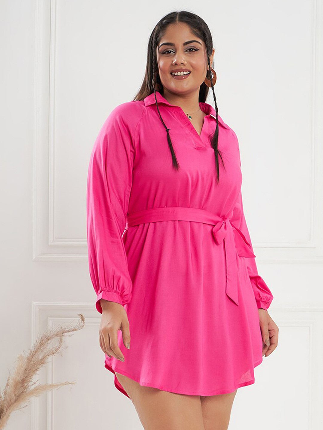 

CURVE BY KASSUALLY Pink Shirt Collar Cuffed Sleeves Fit & Flare Dress