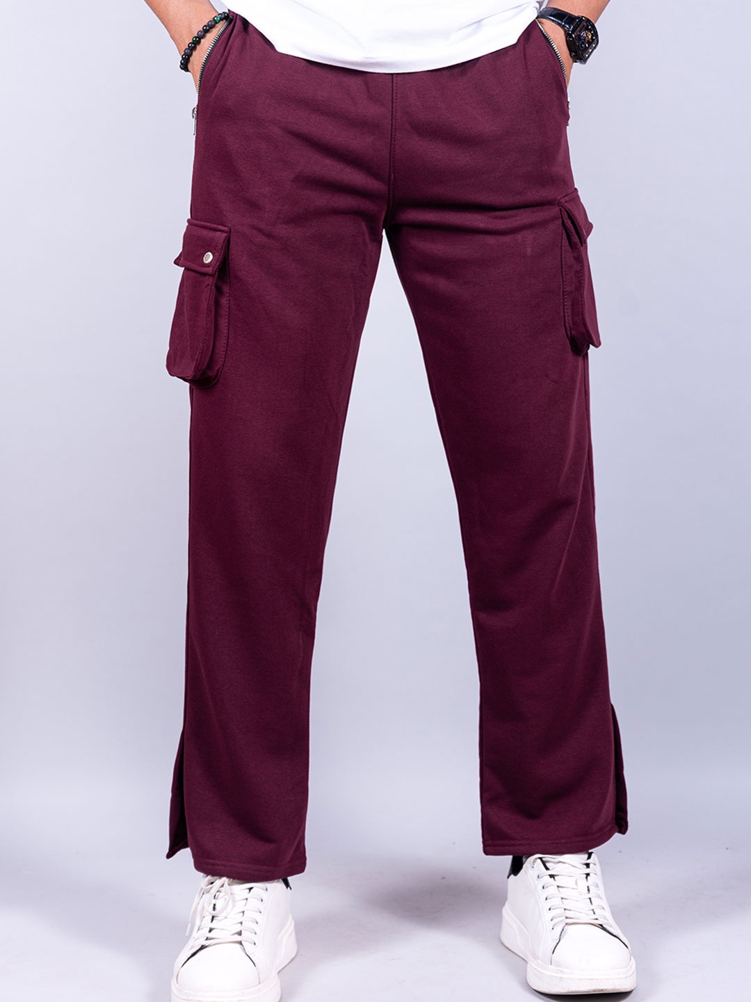 

Tistabene Men Cotton Boot-Cut Straight Cargo Track Pants, Burgundy
