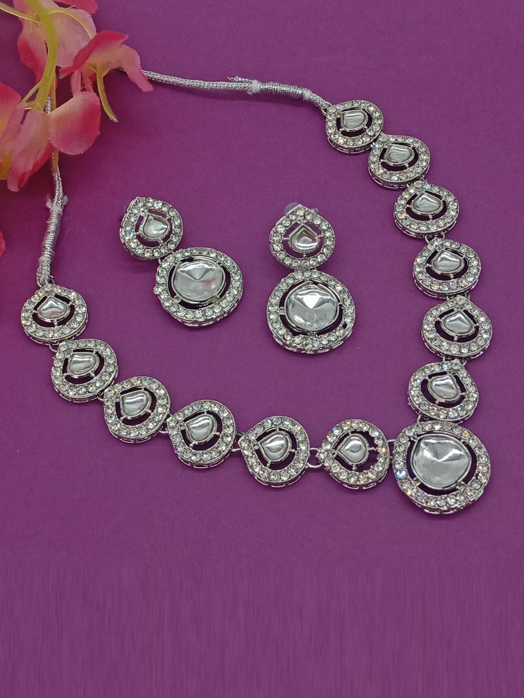 

AASHISH IMITATION Rhodium-Plated Kundan-Studded Jewellery Set, Silver