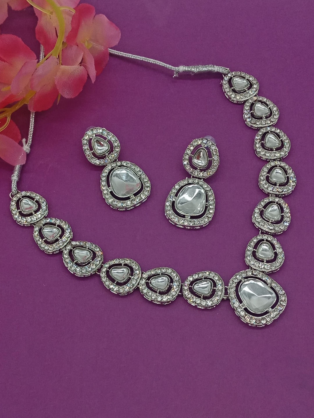 

AASHISH IMITATION Rhodium-Plated Kundan-Studded Jewellery Set, Silver