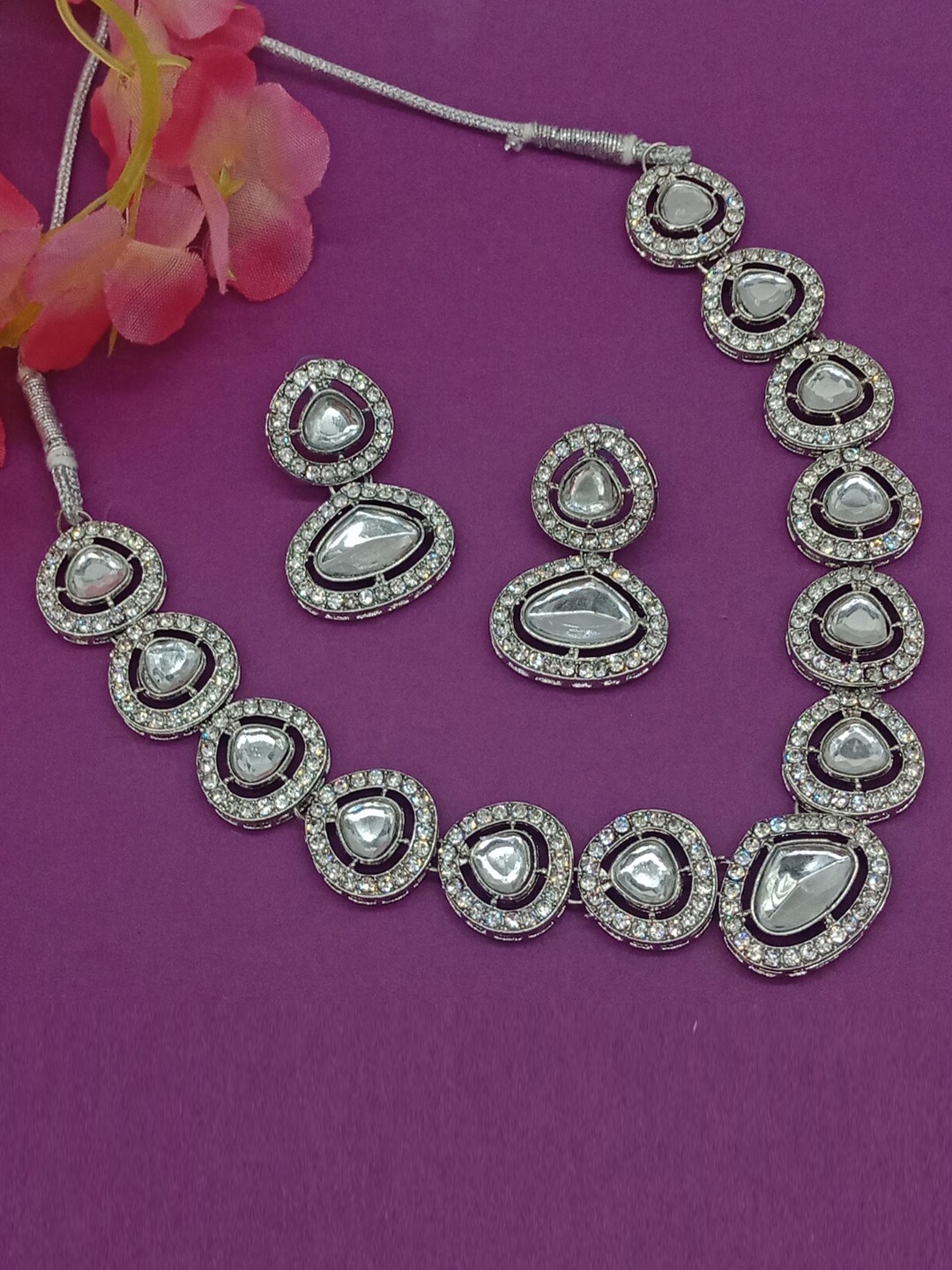 

AASHISH IMITATION Rhodium-Plated Kundan-Studded Jewellery Set, Silver