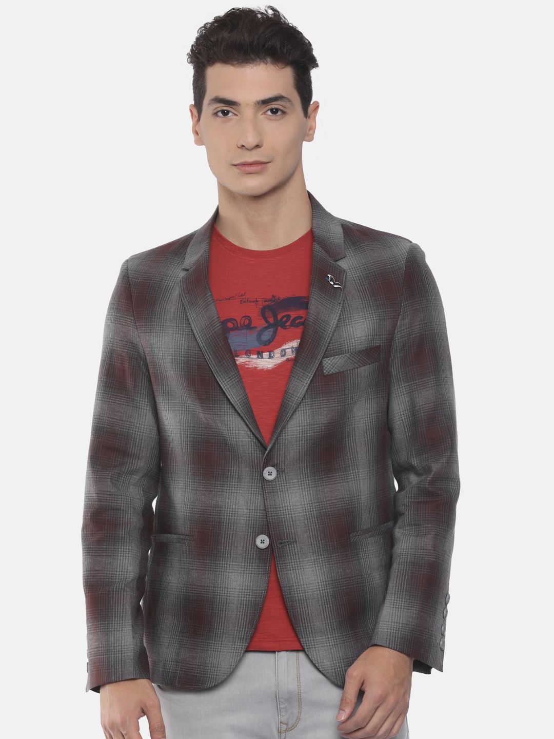 

The Indian Garage Co Navy Maroon & Grey Single-Breasted Slim Fit Casual Blazer