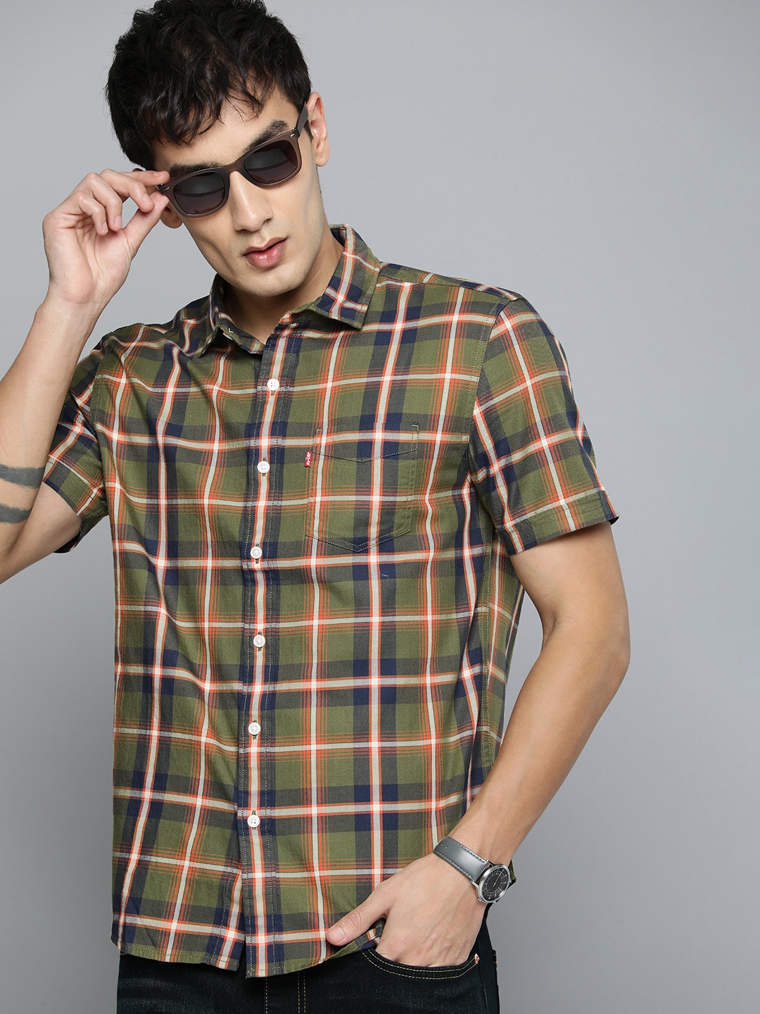 

Levis Pure Cotton Checked Casual Shirt, Olive