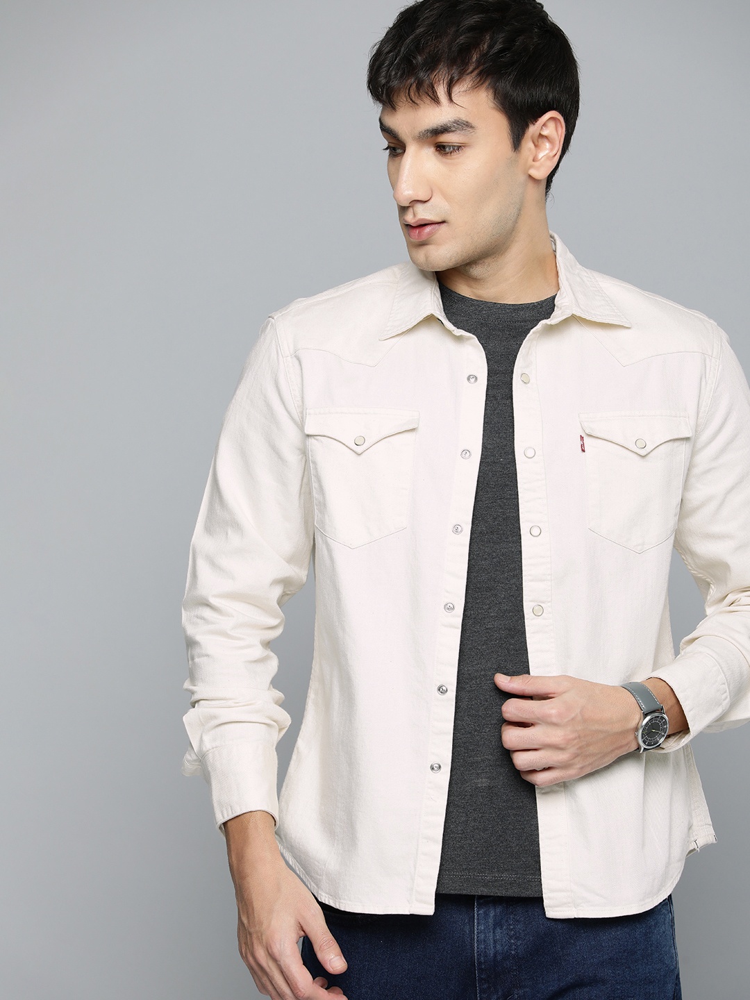 

Levis Slim Fit Pure Cotton Chambray Casual Shirt, Cream