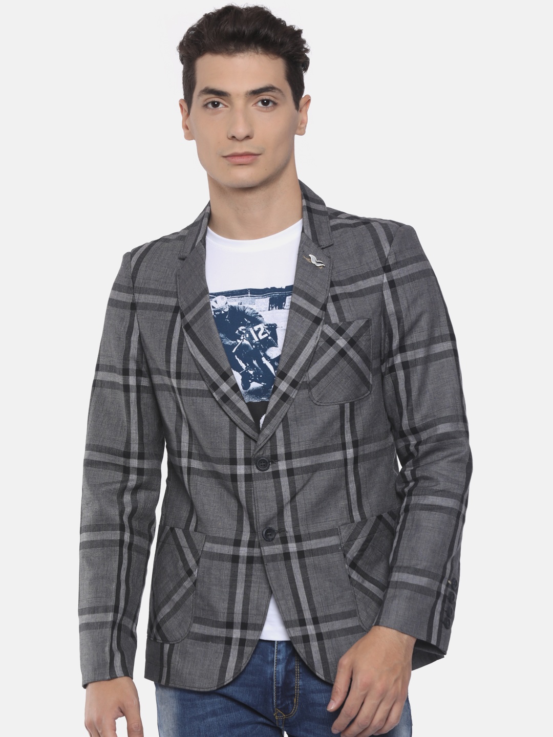 

The Indian Garage Co Grey Single-Breasted Checked Slim Fit Casual Blazer
