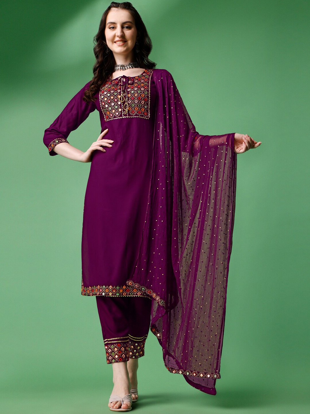 

KALINI Ethnic Motifs Yoke Design Mirror Work Kurta With Trousers & Dupatta, Maroon