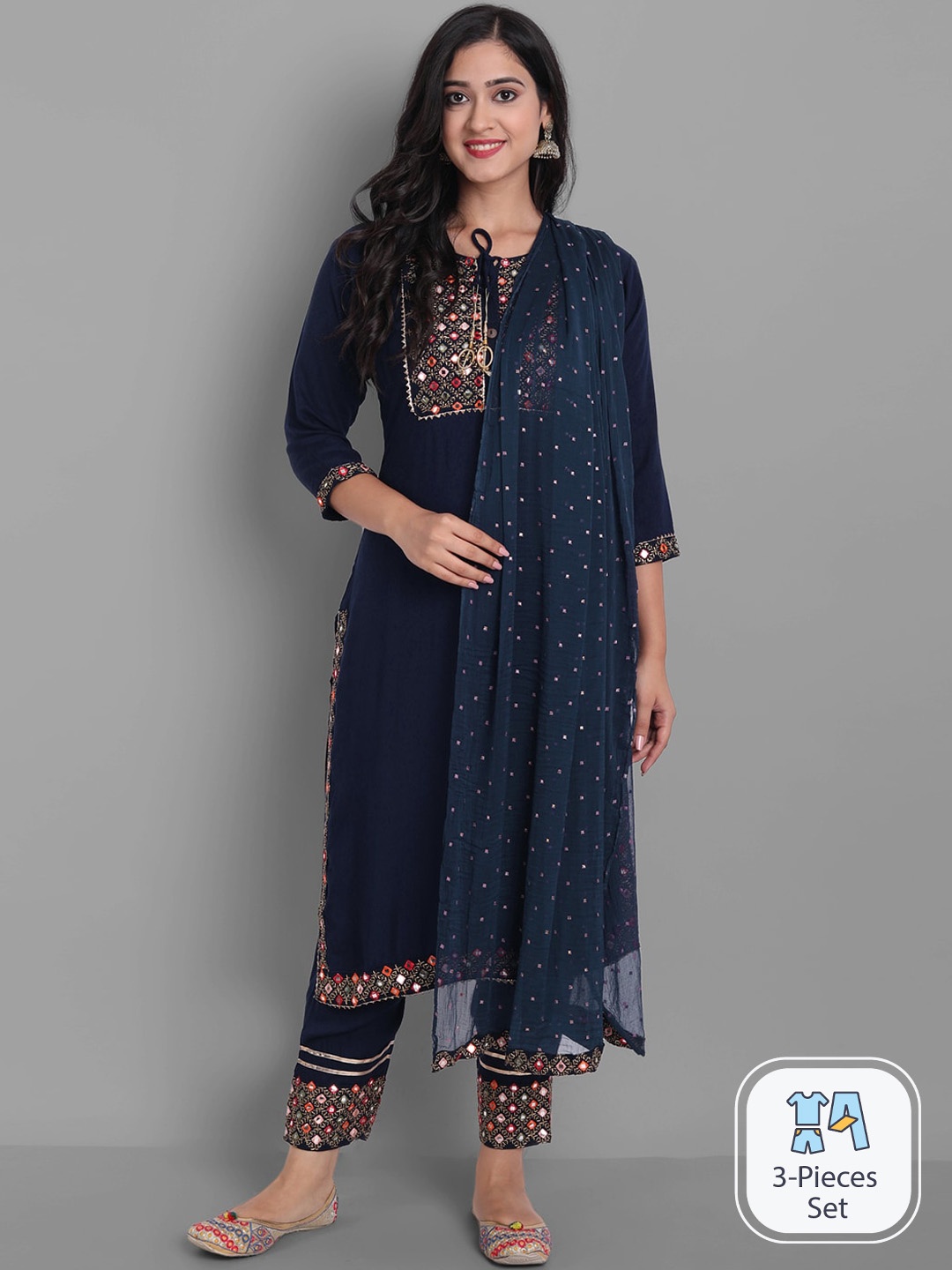 

KALINI Ethnic Motifs Embroidered Tie-Up Neck Mirror Work Kurta With Trousers & Dupatta, Navy blue