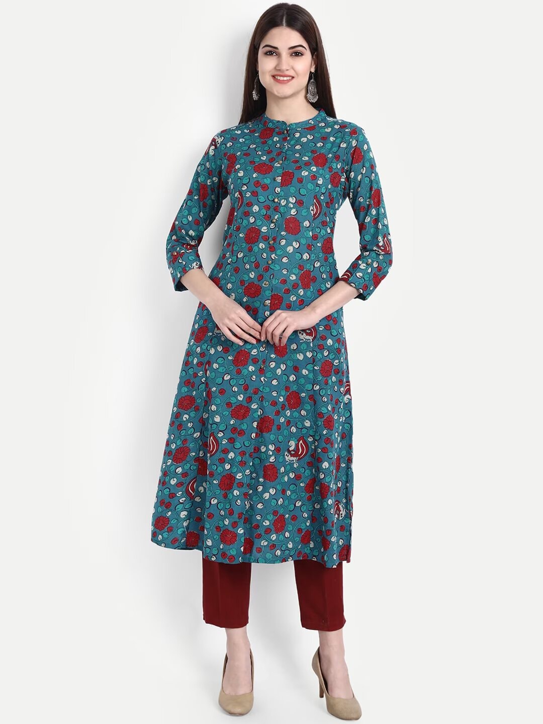 

SUTI Floral Printed Mandarin Collar Cotton Kurta, Green