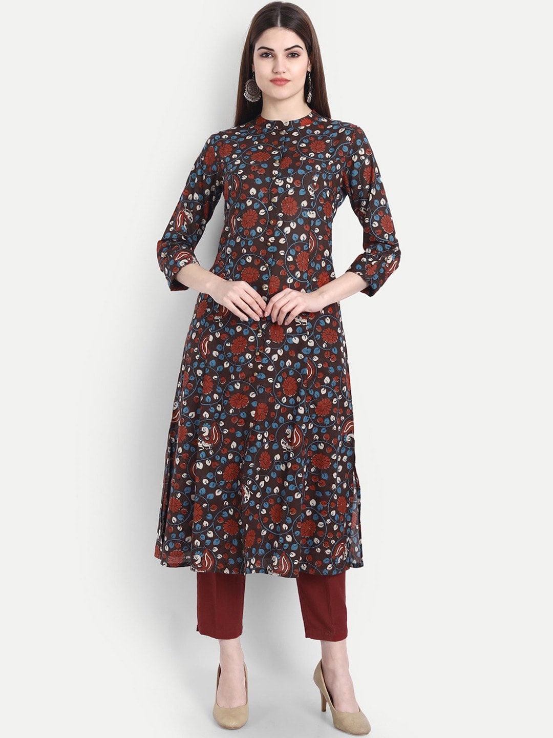 

SUTI Floral Printed Mandarin Collar Cotton Kurta, Brown