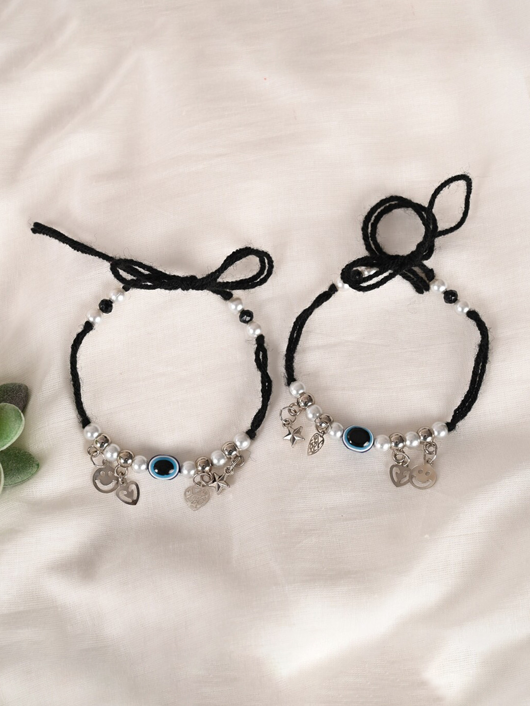 

NVR Unisex Set Of 2 Evil Eye Crystals Charm Bracelet, Black