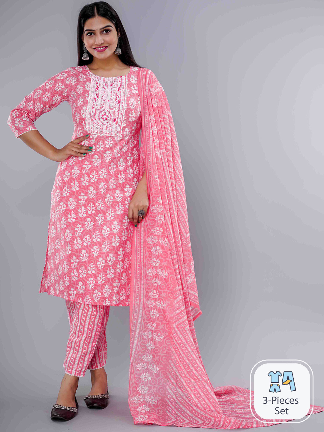 

IkDaiya Floral Printed Pure Cotton Kurta & Trousers With Dupatta, Pink