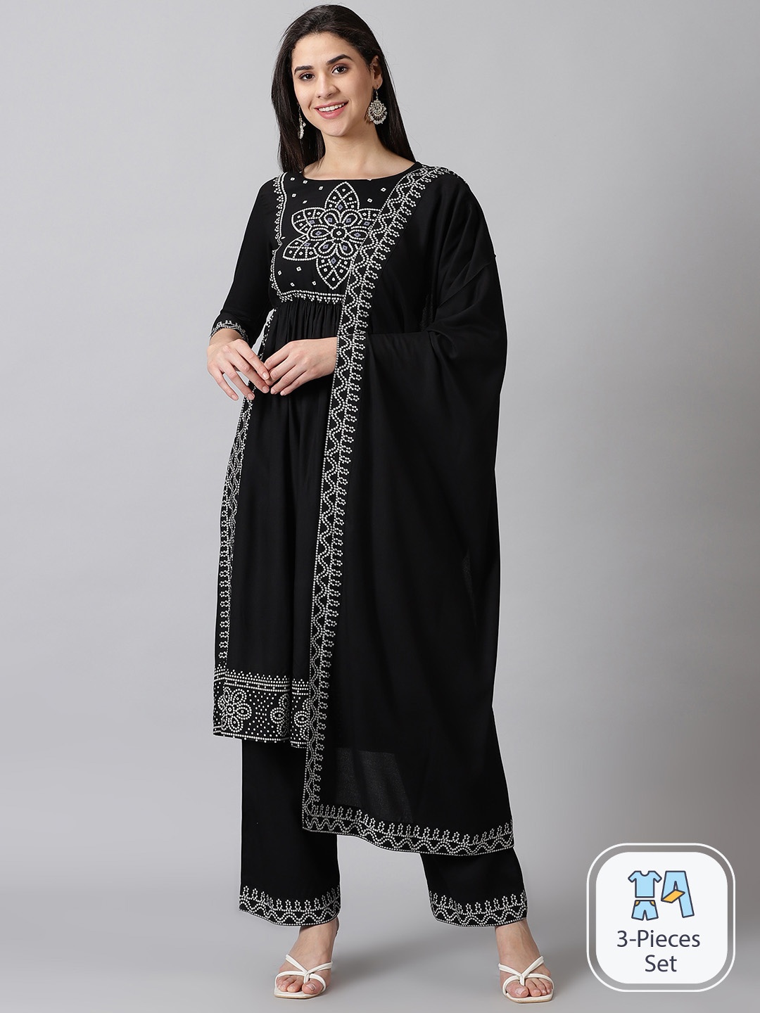 

DK FAB Bandhani Printed Pleated A-Line Kurta with Palazzos & Dupatta, Black