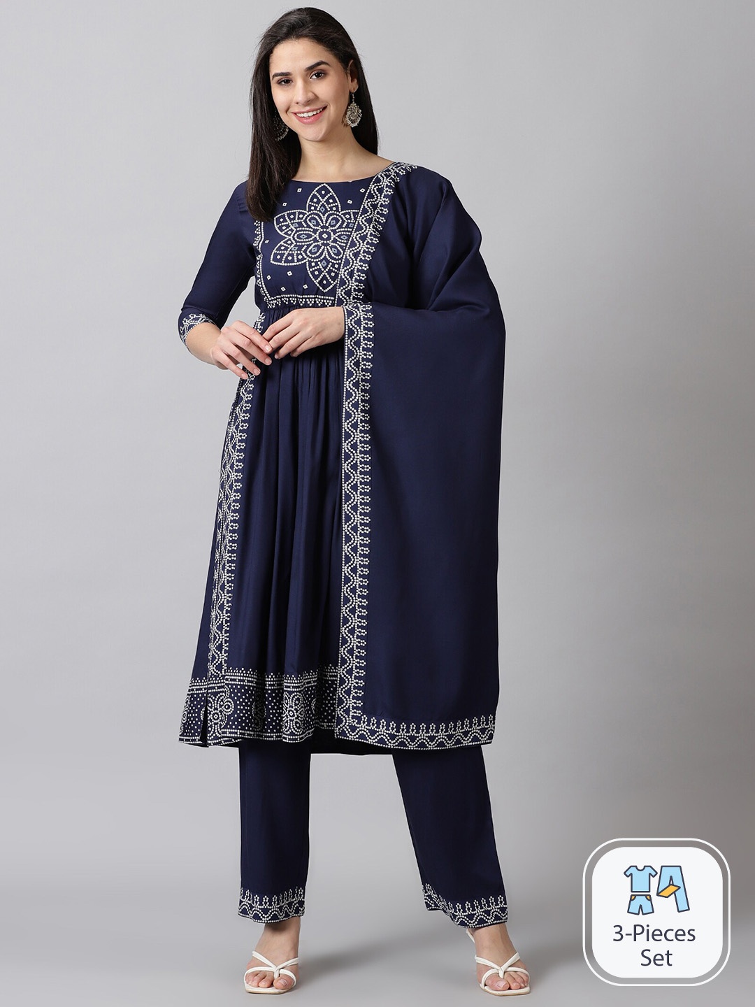 

DK FAB Bandhani Printed Pleated A-Line Kurta with Palazzos & Dupatta, Navy blue