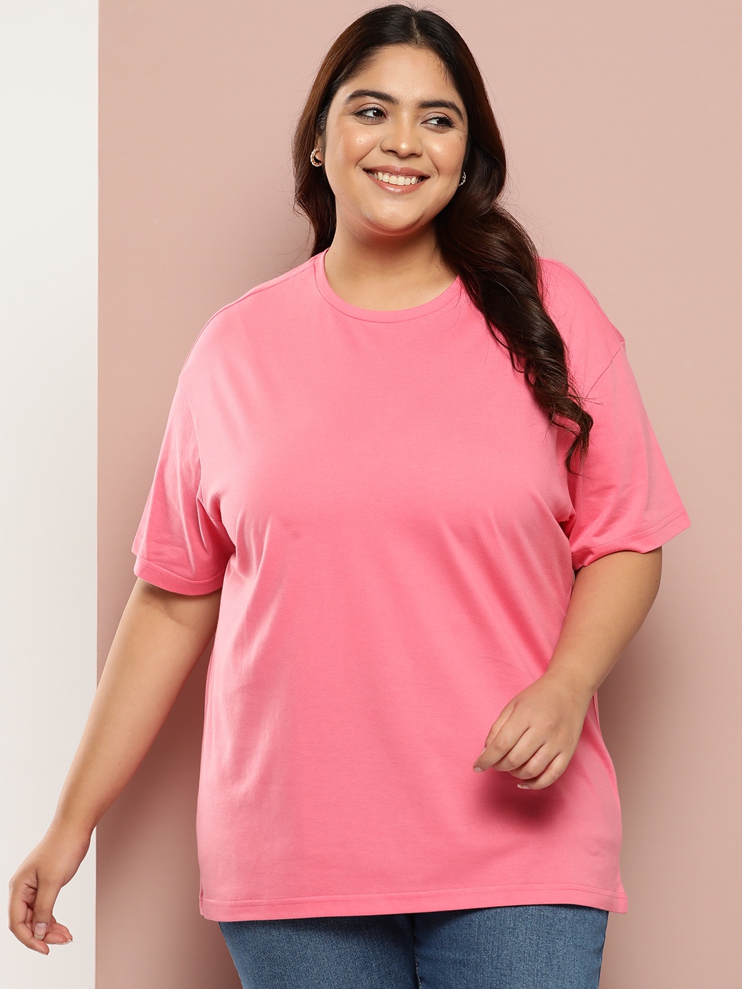 

Sztori Women Plus Size Solid Longline T-shirt, Pink