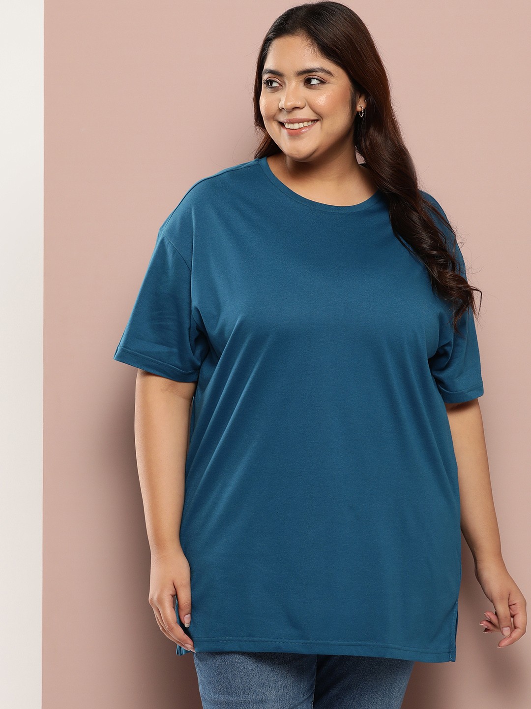 

Sztori Women Plus Size Solid Longline T-shirt, Blue