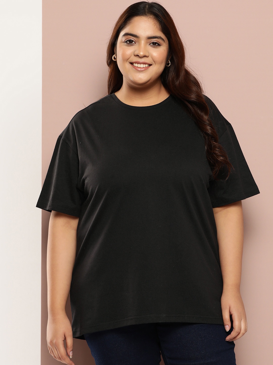 

Sztori Women Plus Size Solid Longline T-shirt, Black