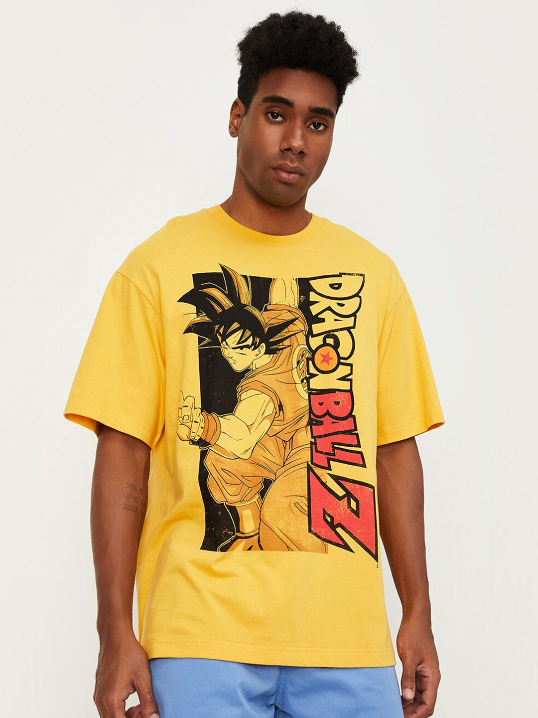 

max Dragon Ball Z Printed Round Neck Pure Cotton T-shirt, Yellow