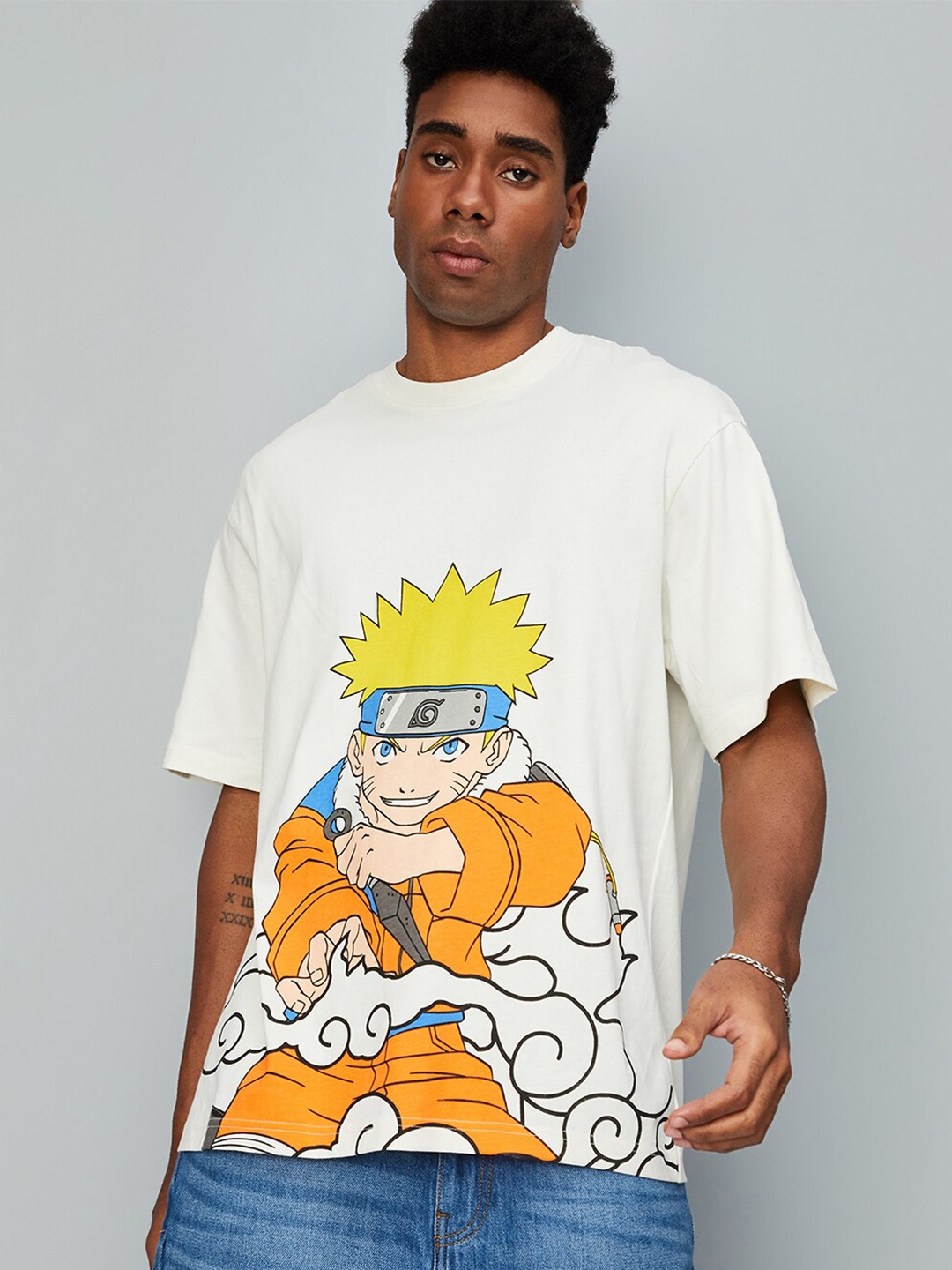 

max Goku Printed Drop-Shoulder Pure Cotton T-shirt, Off white