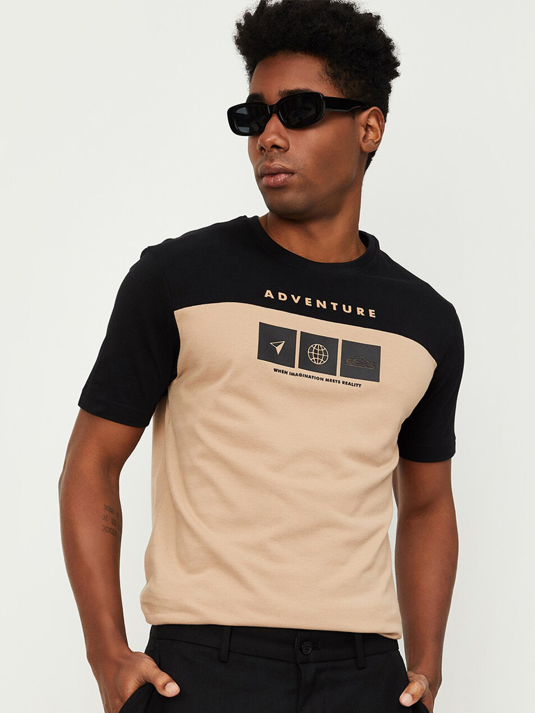 

max Colourblocked Pure Cotton T-shirt, Beige