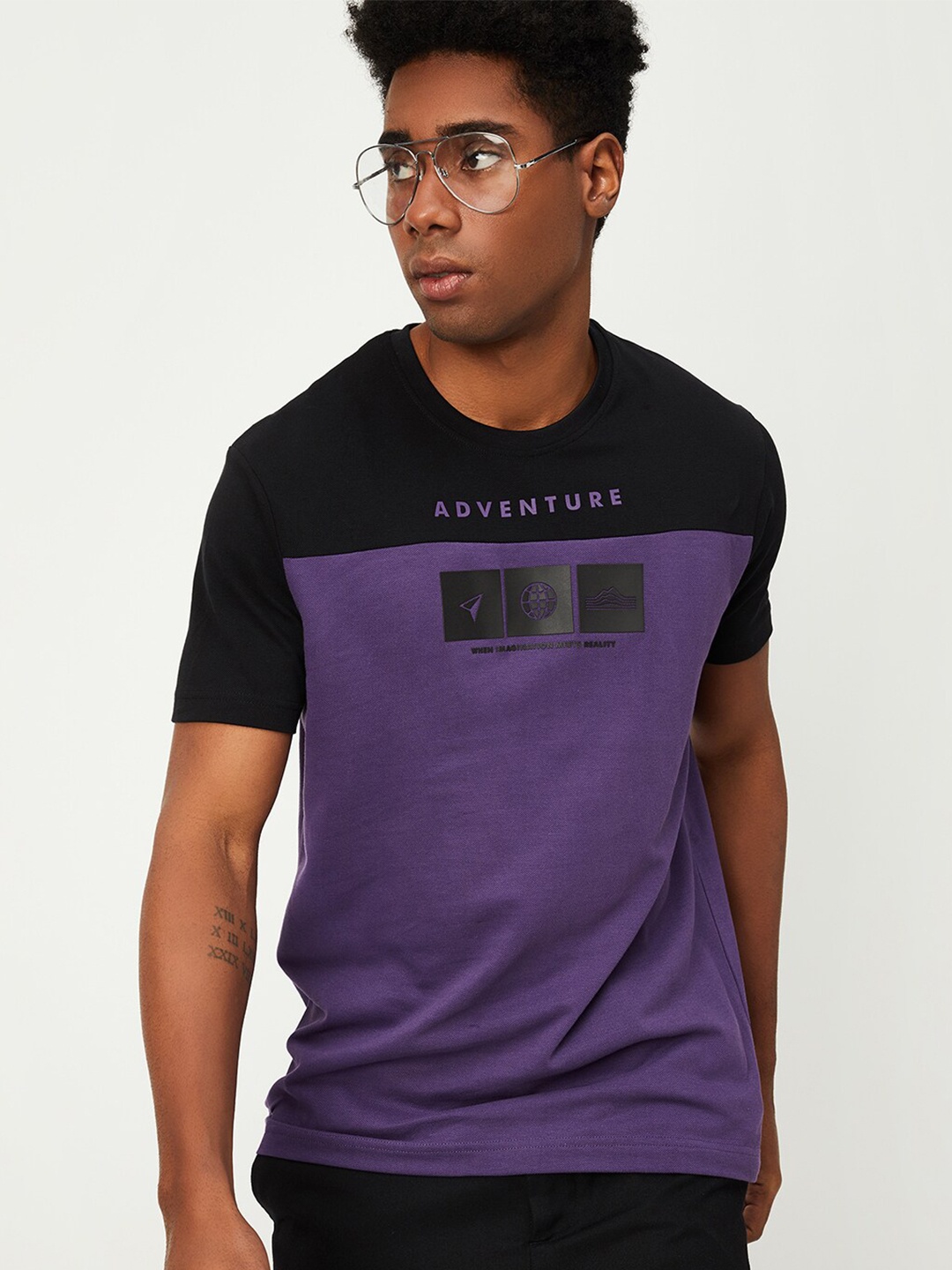

max Colourblocked Pure Cotton T-shirt, Purple