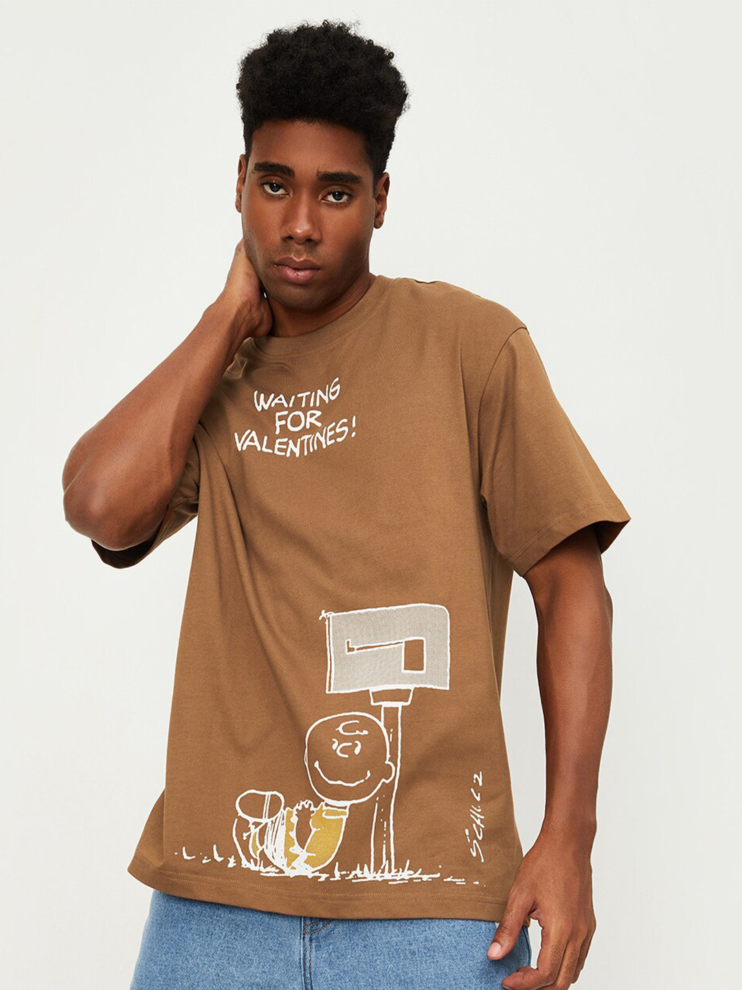

max Typography Printed Drop-Shoulder Pure Cotton T-shirt, Brown