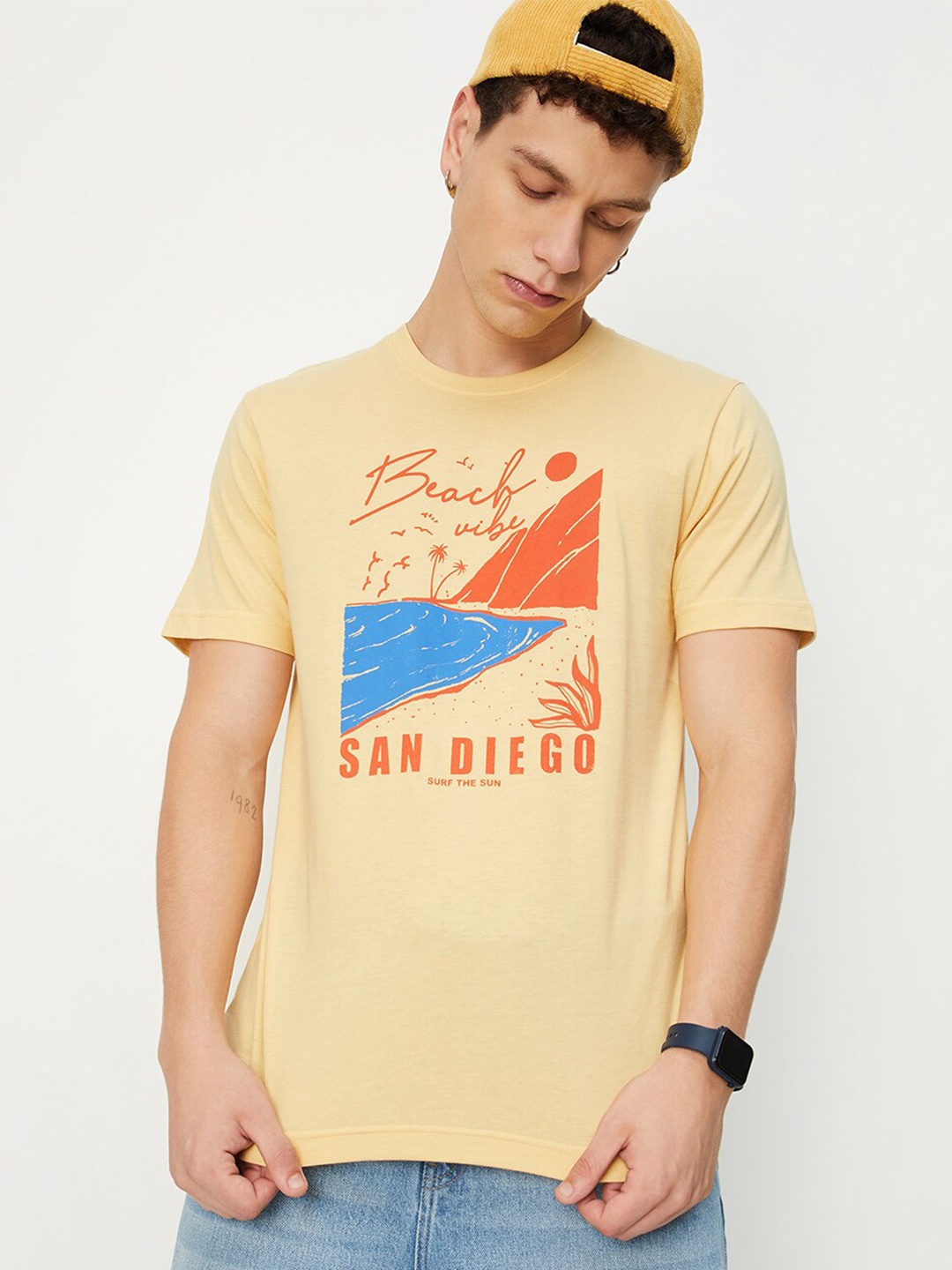 

max Typography Printed Pure Cotton T-shirt, Yellow