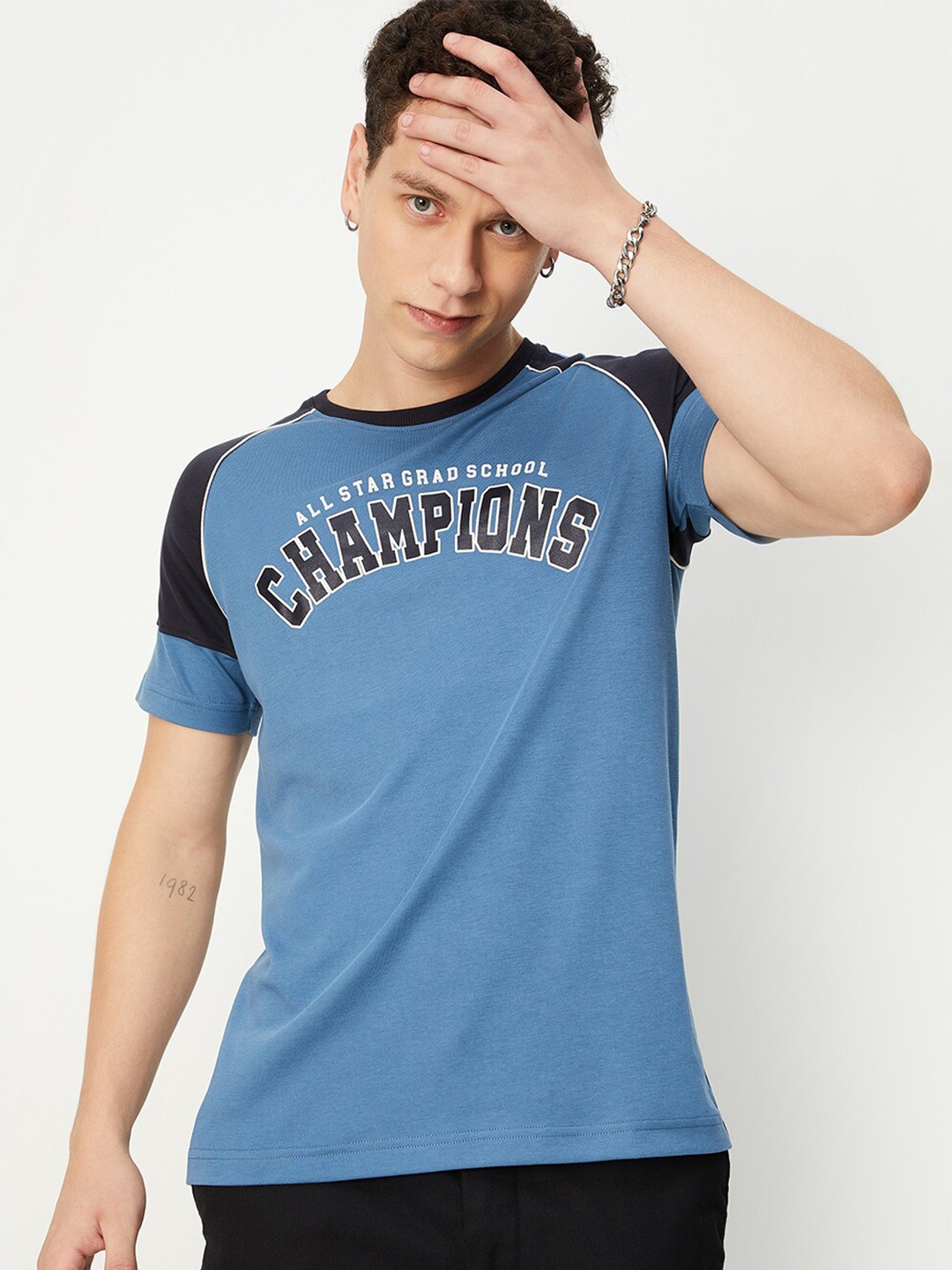 

max Typography Printed Raglan Sleeves Pure Cotton T-shirt, Blue