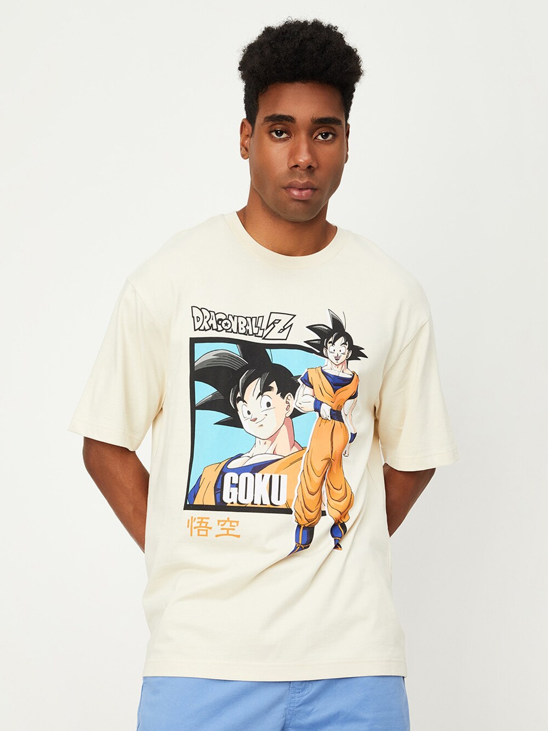 

max Men Goku Printed Pure Cotton T-shirt, Beige
