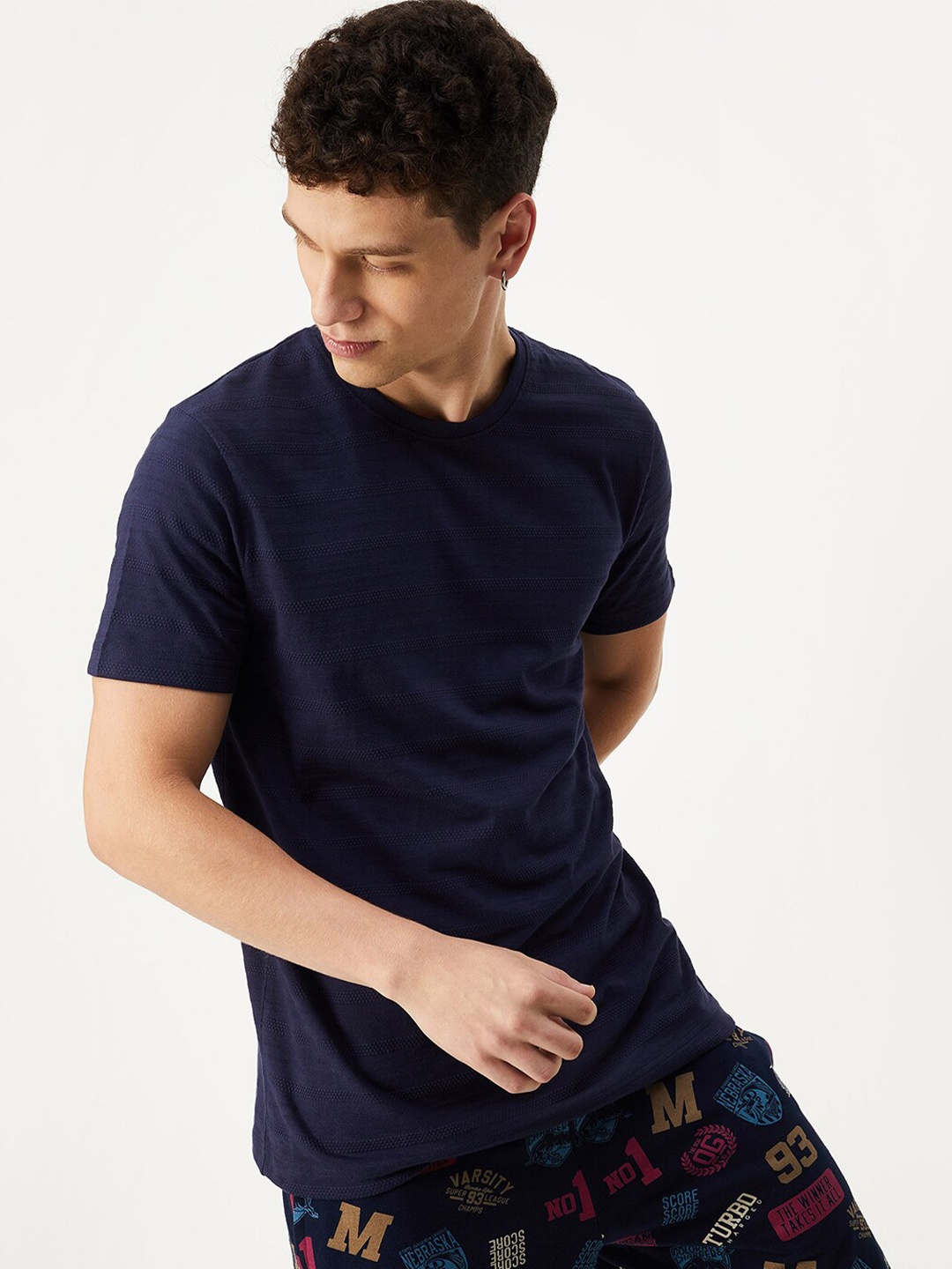 

max Self Design Round Neck Pure Cotton T-shirt, Navy blue