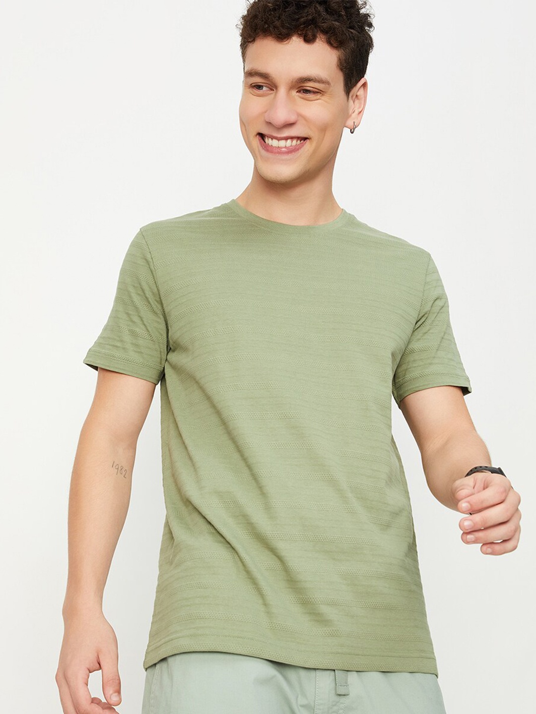 

max Self Design Pure Cotton T-shirt, Green