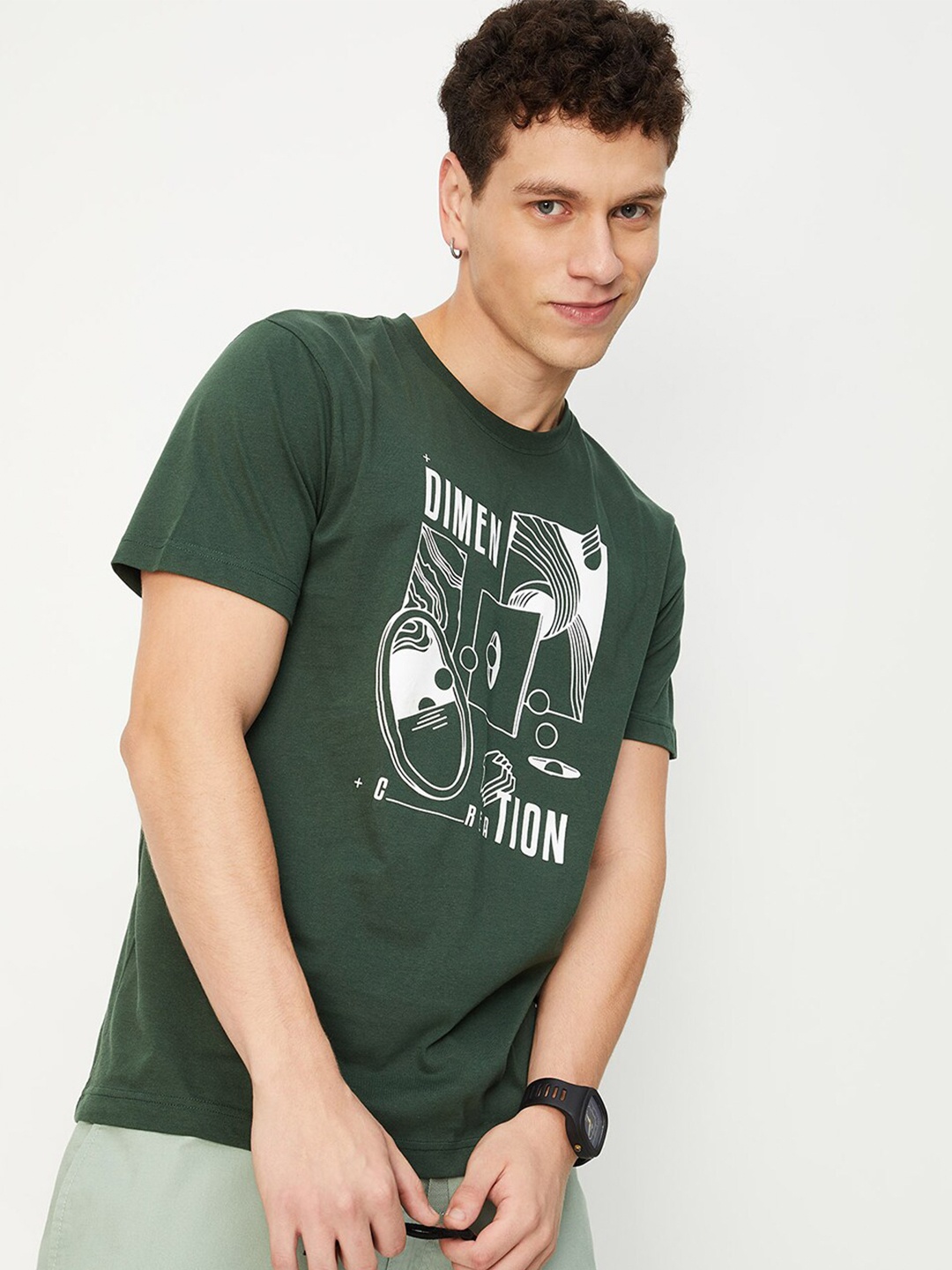 

max Graphic Printed Pure Cotton T-shirt, Green