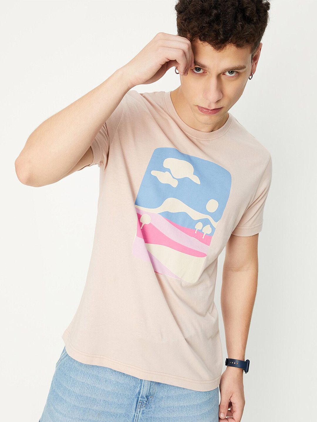 

max Graphic Printed Pure Cotton T-shirt, Beige