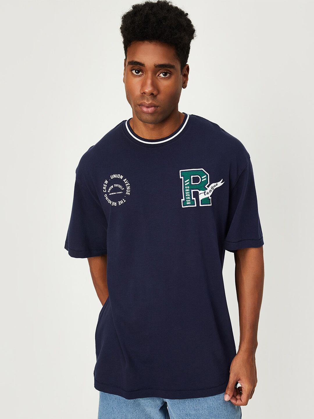 

max Typography Printed Pure Cotton T-shirt, Navy blue