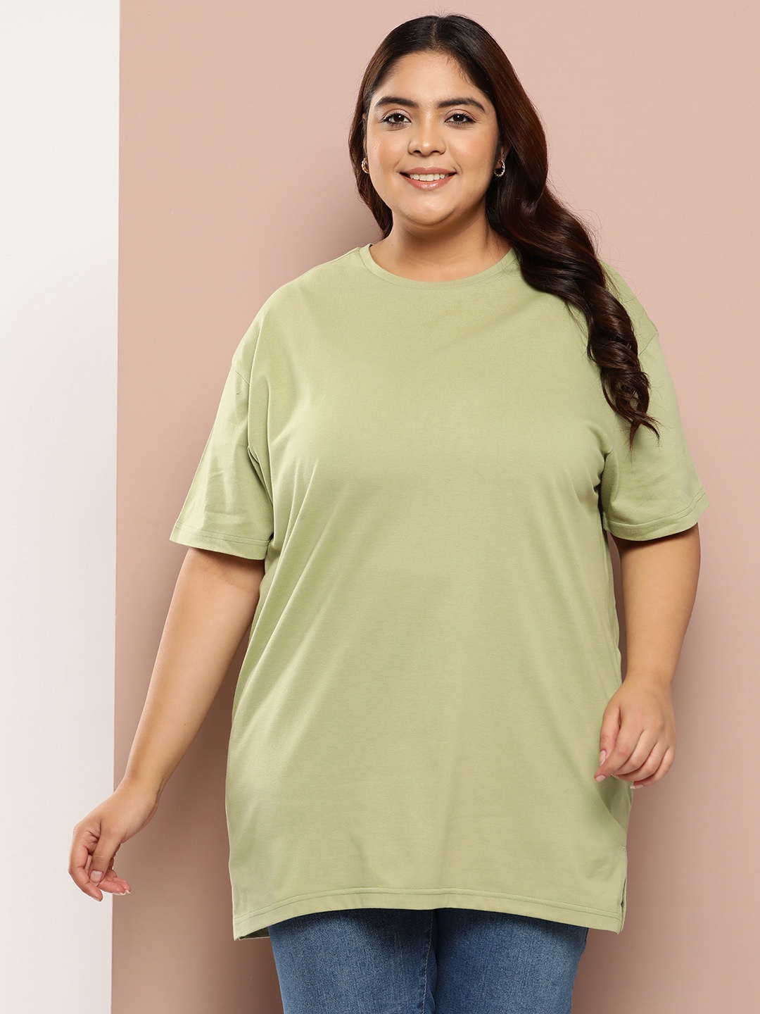 

Sztori Women Plus Size Solid Longline T-shirt, Olive