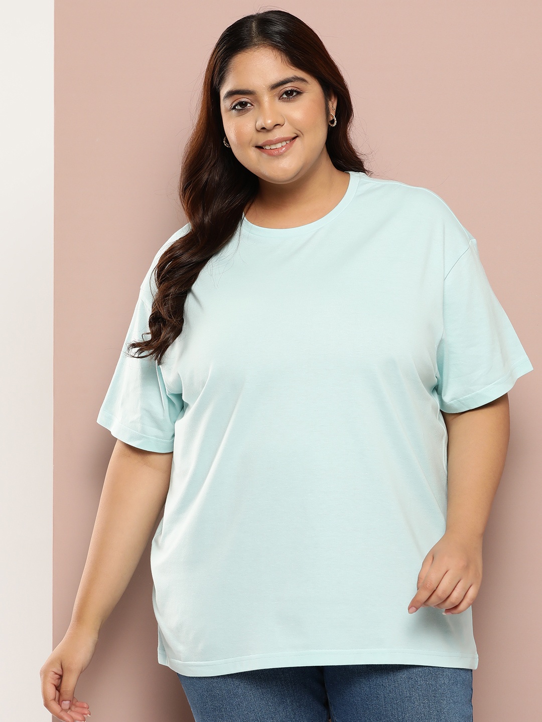 

Sztori Women Plus Size Solid T-shirt, Turquoise blue