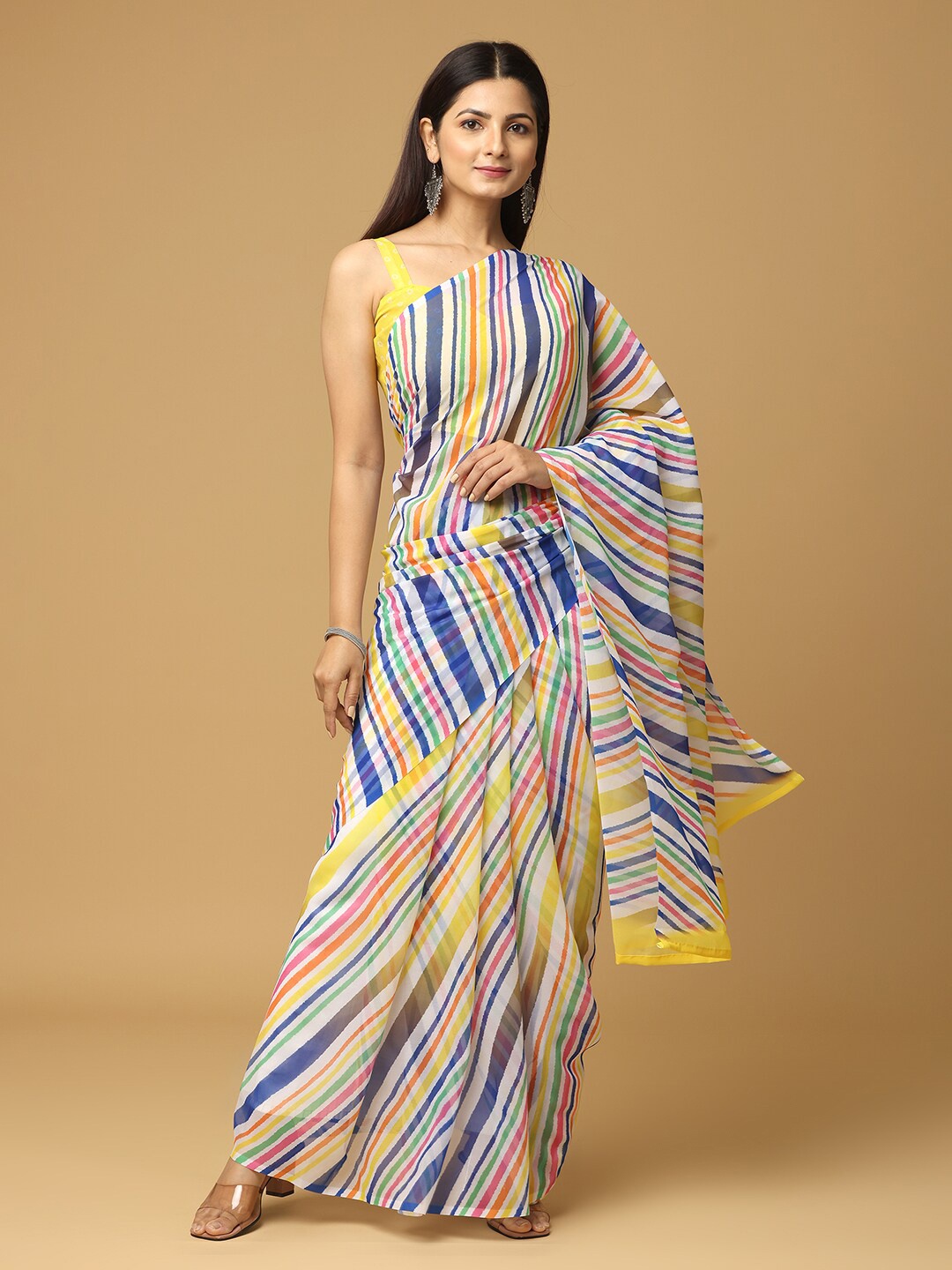 

VASTRANAND Striped Georgette Leheriya Saree, White
