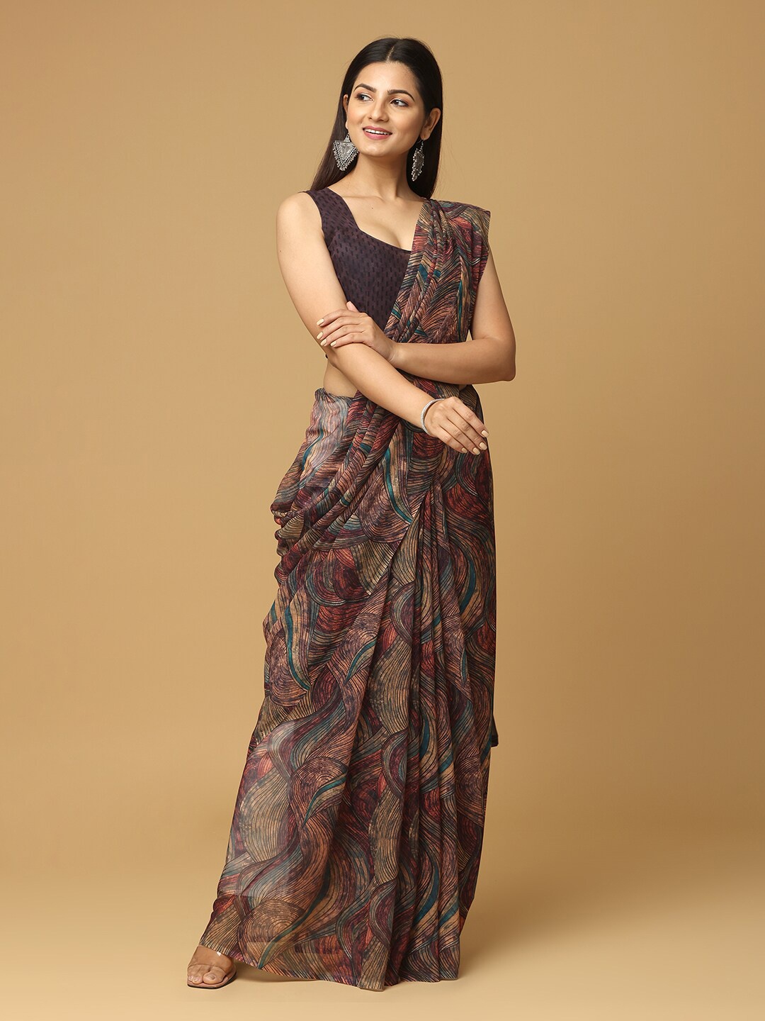 

VASTRANAND Geometric Printed Georgette Saree, Brown
