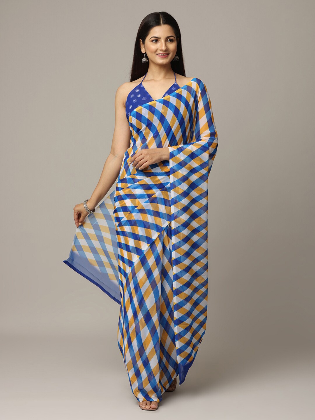 

VASTRANAND Checked Georgette Leheriya Saree, Blue