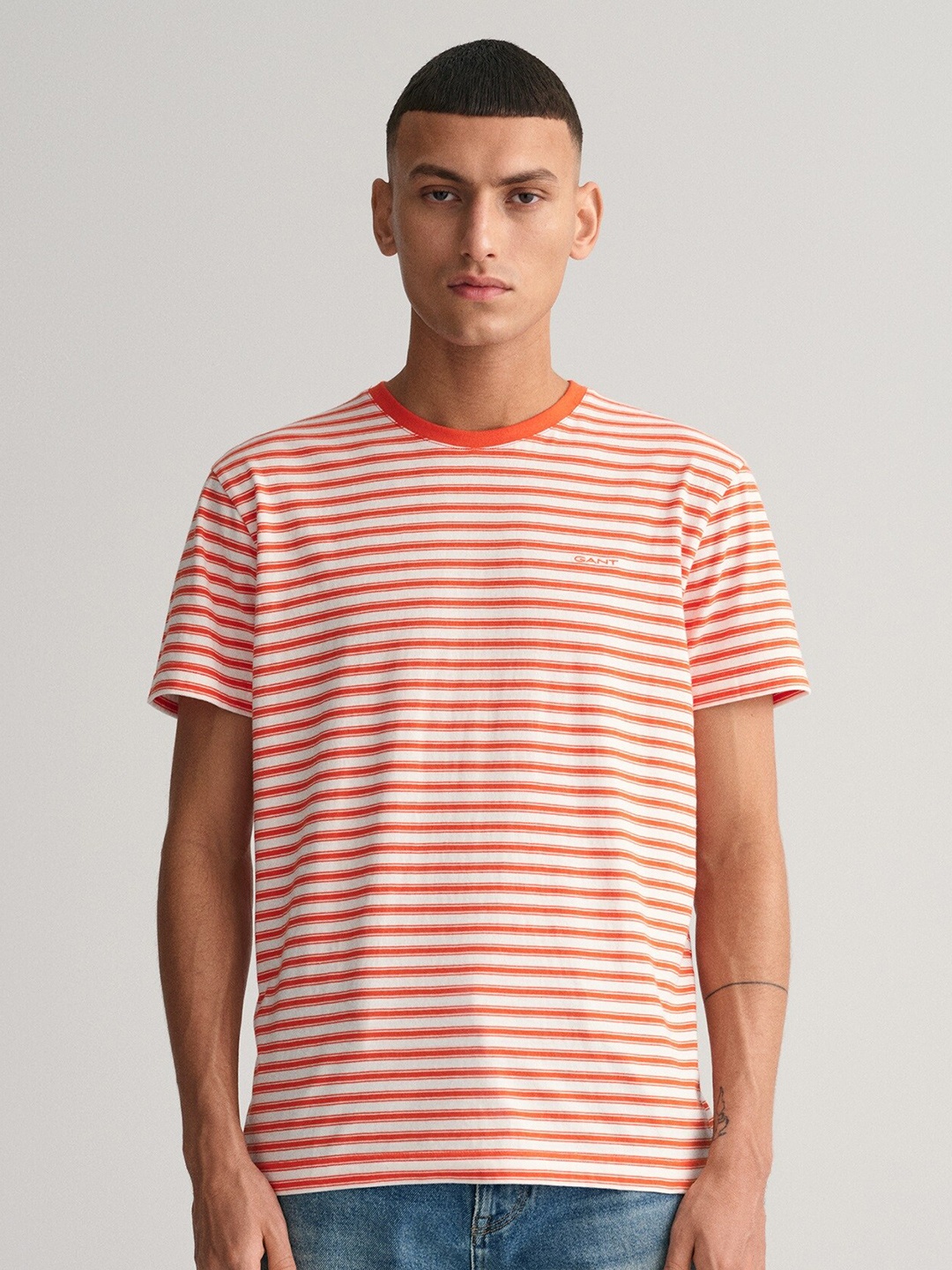 

GANT Round Neck Striped Printed Cotton T-Shirt, Orange