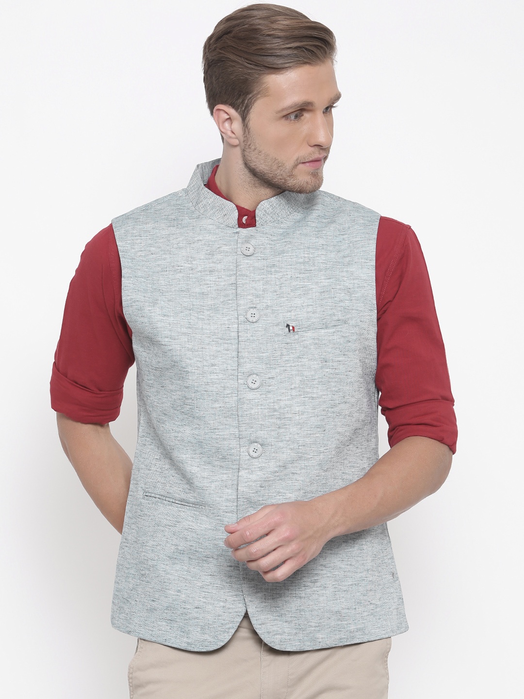 

The Indian Garage Co Blue & Off-White Self-Design Slim Fit Pure Cotton Nehru Jacket