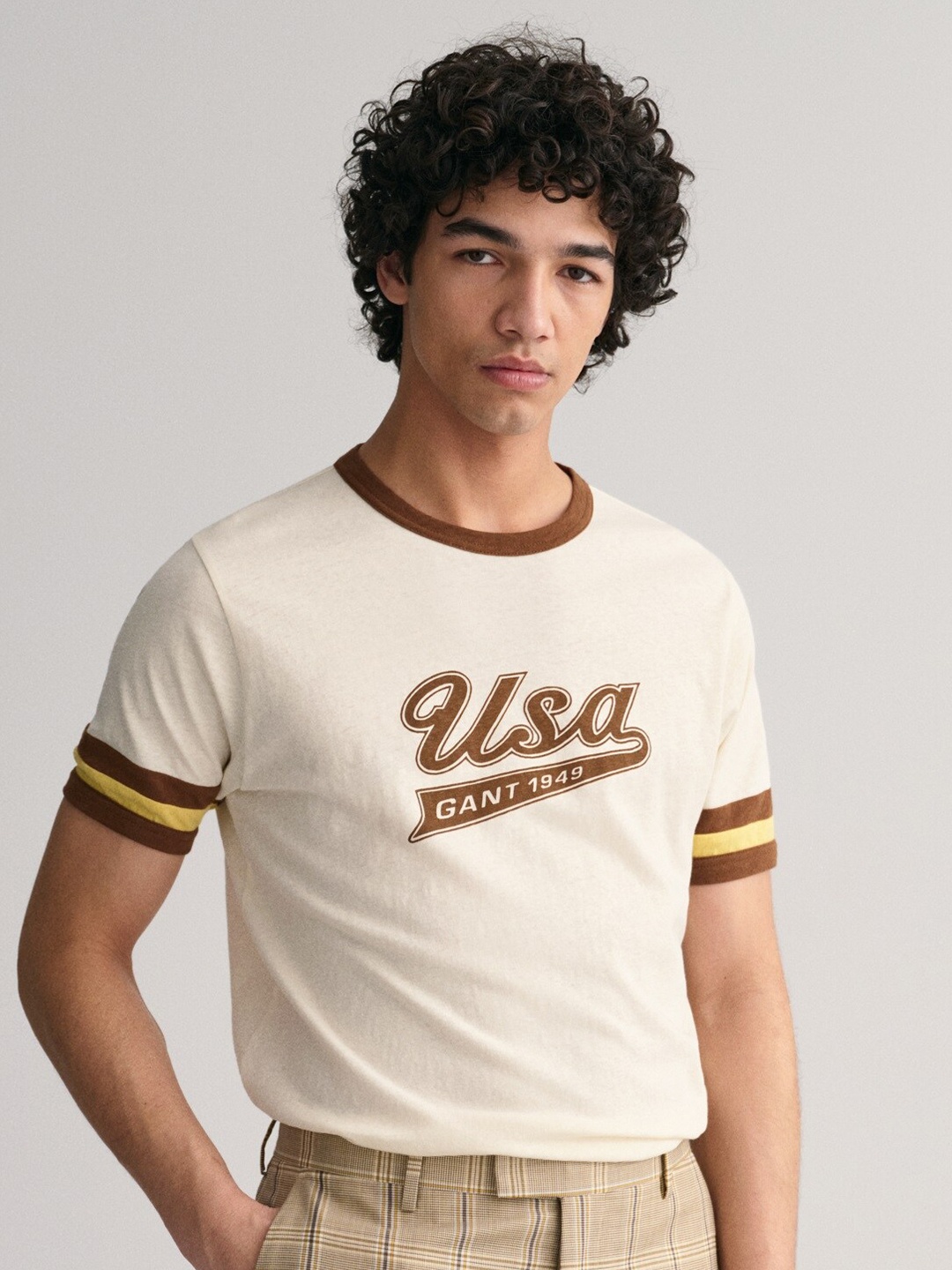 

GANT Round Neck Typography Printed Varsity Cotton T-Shirt, Cream