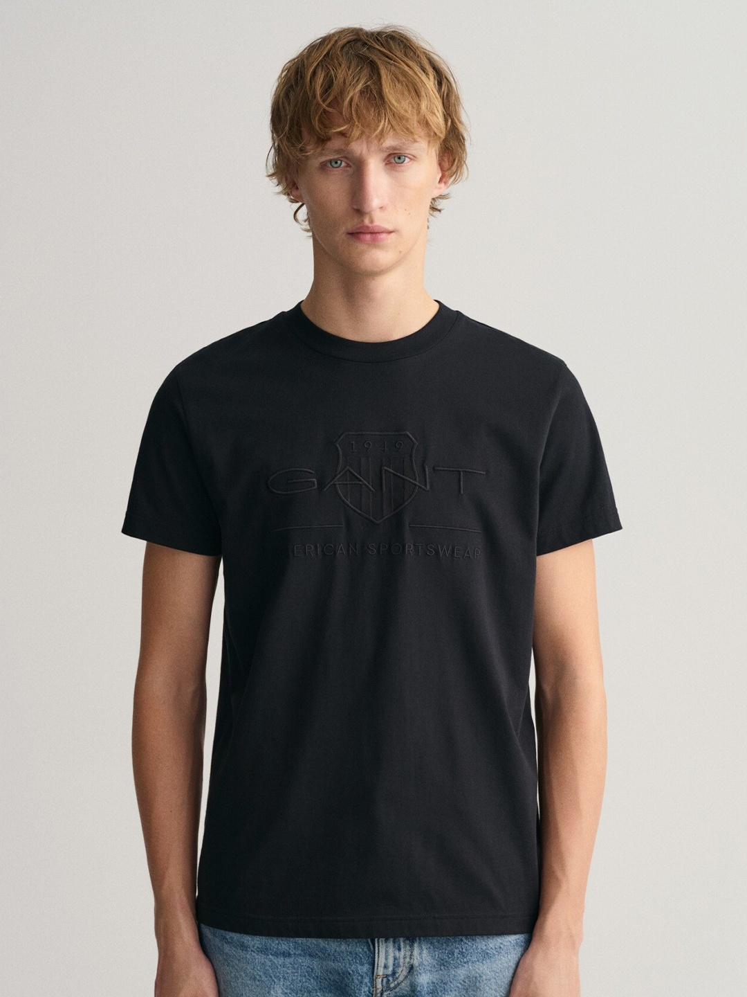 

GANT Brand Logo Printed Round Neck Pure Cotton T-shirt, Black